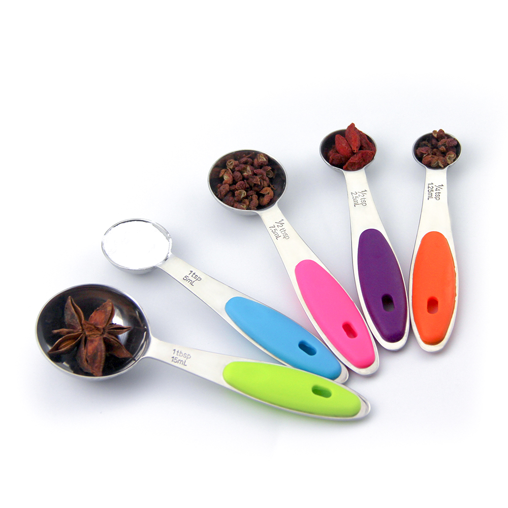 Amazon hot seller stainless steel silicone handle 5pcs measuring spoon