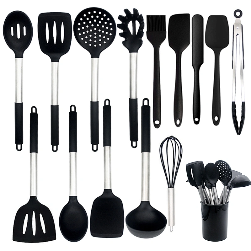 15pcs Silicone Cooking Utensil Set Non-stick Heat Resistant Silicone Kitchen Cooking Utensils Set with Stainless Steel Handle