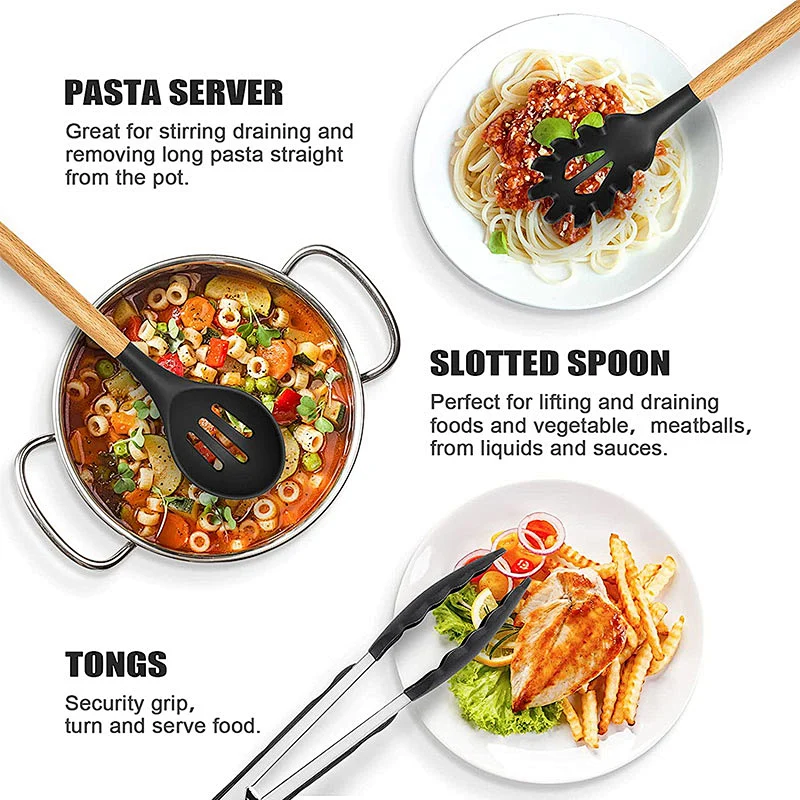 26PCS Silicone Kitchen Utensils Set Heat-Resistant Cookware sets Silicone Cooking Utensils Set with Wooden Handle