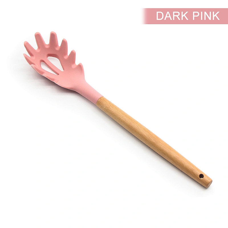 Kitchen Accessories Gadgets Tools Slotted Spaghetti Strainer Server Fork Spoon Silicone Pasta Spaghetti Server with wood handle