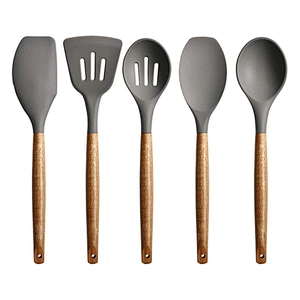 5 Pieces Silicone Cooking Utensils set Kitchen Gadgets Non Stick Silicone Kitchen Utensils Set with Wood Handle