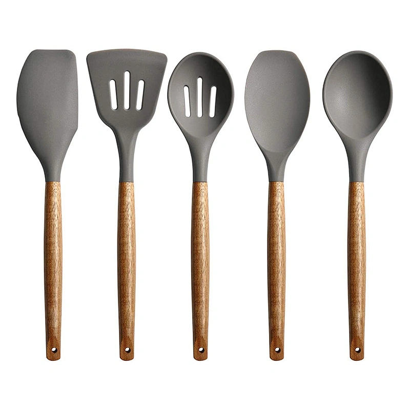5 Pieces Silicone Cooking Utensils set Kitchen Gadgets Non Stick Silicone Kitchen Utensils Set with Wood Handle