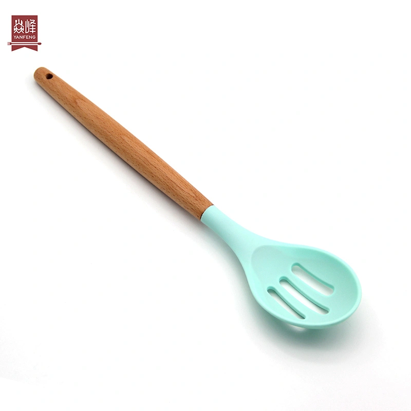 hot sale ultra heat resistant food grade silicone kitchen silicone slotted spoon with beech handle