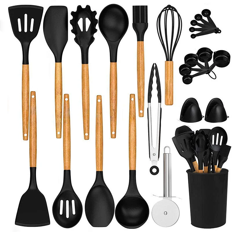 26 Pcs Kitchen Utensils Cooking Utensils Set Heat Resistant Kitchen Gadgets Silicone Cooking Utensil Set with Wooden Handle