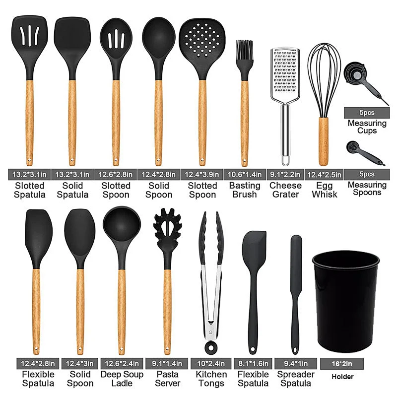 26PCS Silicone Kitchen Utensils Set Heat-Resistant Cookware sets Silicone Cooking Utensils Set with Wooden Handle