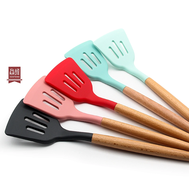 Ready To Ship high quality durable food grade Kitchen silicone slotted turner with beech handle