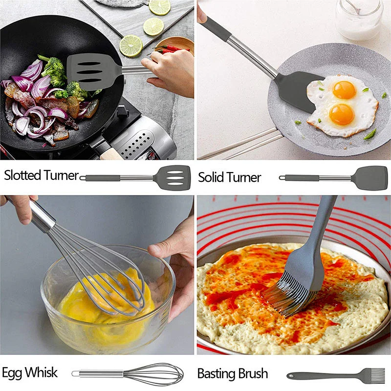 17 Pcs Kitchen Utensils Set Heat Resistant Silicone Cookware set Silicone Cooking Utensil Set with Stainless Steel Hander