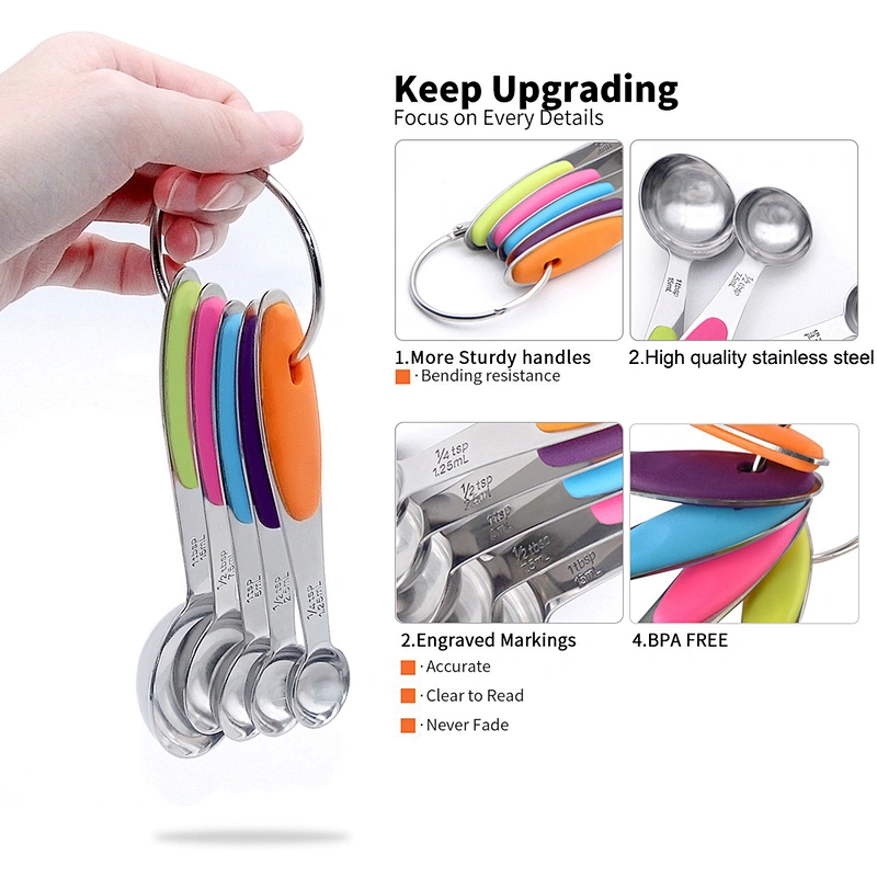 Amazon hot seller stainless steel silicone handle 5pcs measuring spoon