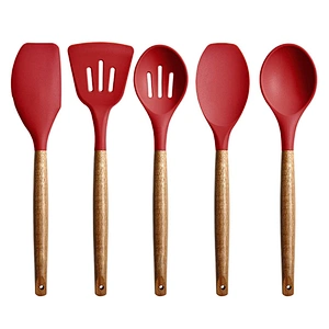 5 Pieces Silicone Cooking Utensils set Kitchen Gadgets Non Stick Silicone Kitchen Utensils Set with Wood Handle