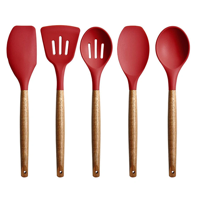 5 Pieces Silicone Cooking Utensils set Kitchen Gadgets Non Stick Silicone Kitchen Utensils Set with Wood Handle