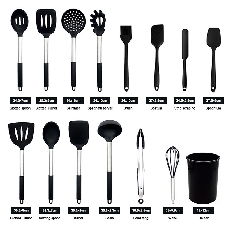 15pcs Silicone Cooking Utensil Set Non-stick Heat Resistant Silicone Kitchen Cooking Utensils Set with Stainless Steel Handle