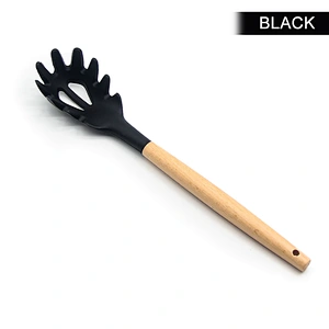 Kitchen Accessories Gadgets Tools Slotted Spaghetti Strainer Server Fork Spoon Silicone Pasta Spaghetti Server with wood handle
