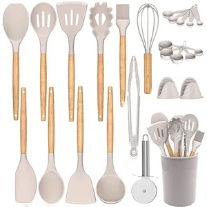 26 Pcs Kitchen Utensils Cooking Utensils Set Heat Resistant Kitchen Gadgets Silicone Cooking Utensil Set with Wooden Handle