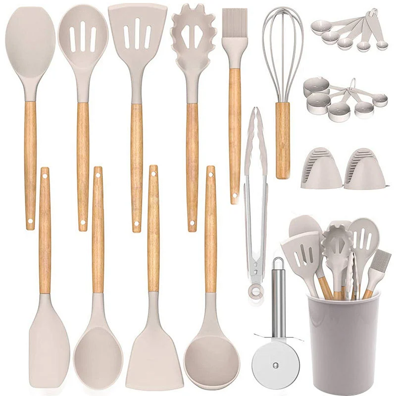 26 Pcs Kitchen Utensils Cooking Utensils Set Heat Resistant Kitchen Gadgets Silicone Cooking Utensil Set with Wooden Handle