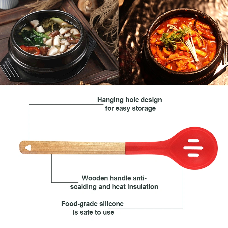 2022 Heat Resistant Non Stick Cooking Utensil Mixing spoon Silicone Wood Handle Kitchen Slotted Spoon