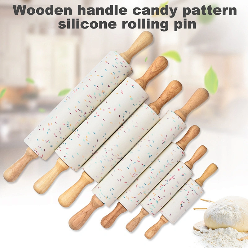 DIY Baking Tool Silicone Rolling Pin Non-Stick Dough Rollers With Wooden Handle Pastry Dough Flour Roller Silicone Dough Roller