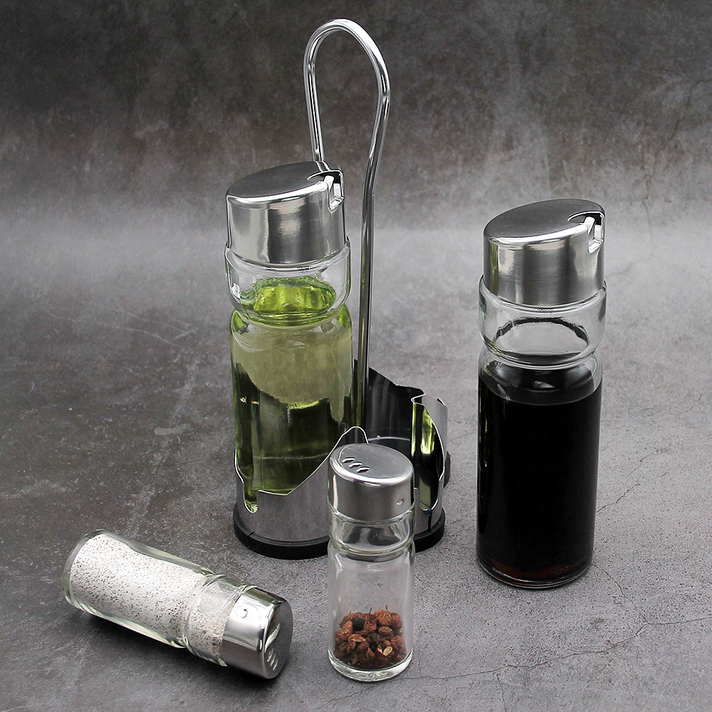BBQ Mini Salt and Pepper Grinder Set Adjustable 5in 1 Spice Mill Set with plastic Base glass bottle Cooking Gadget