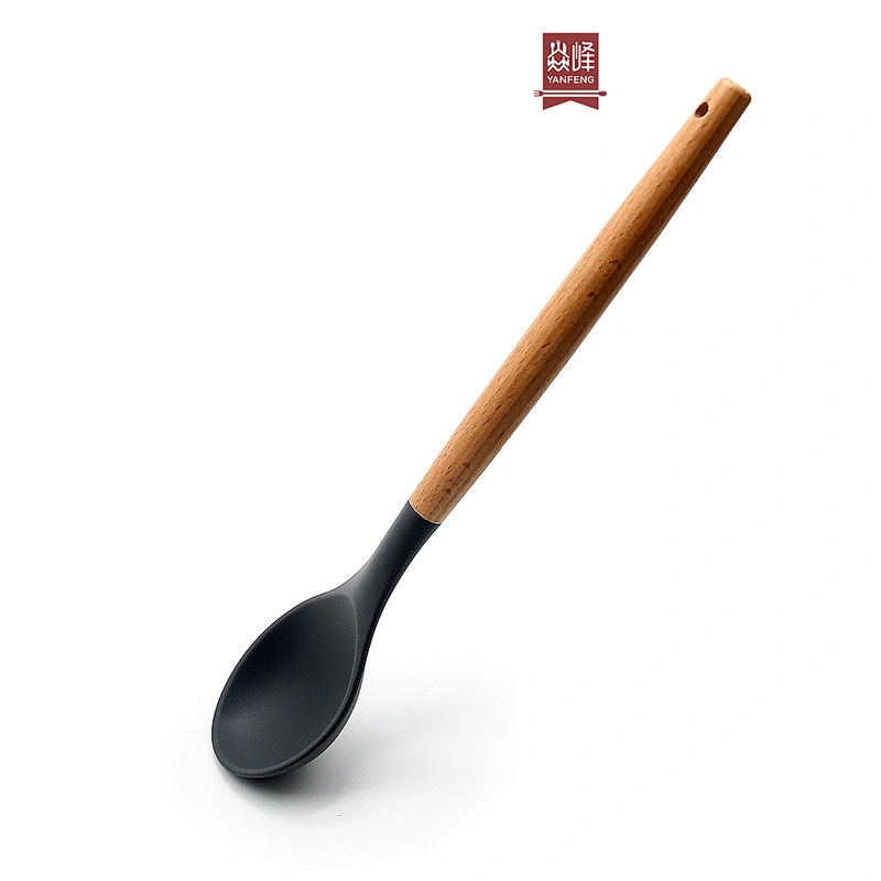 OEM color simple durable food grade Kitchen silicone serving spoon with beech handle