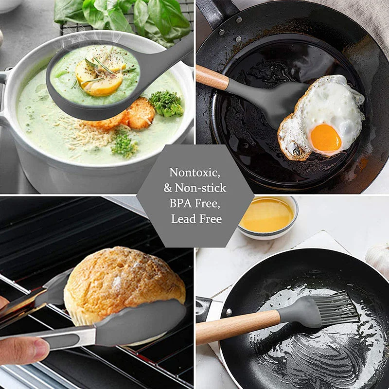 26 Pcs Kitchen Utensils Cooking Utensils Set Heat Resistant Kitchen Gadgets Silicone Cooking Utensil Set with Wooden Handle