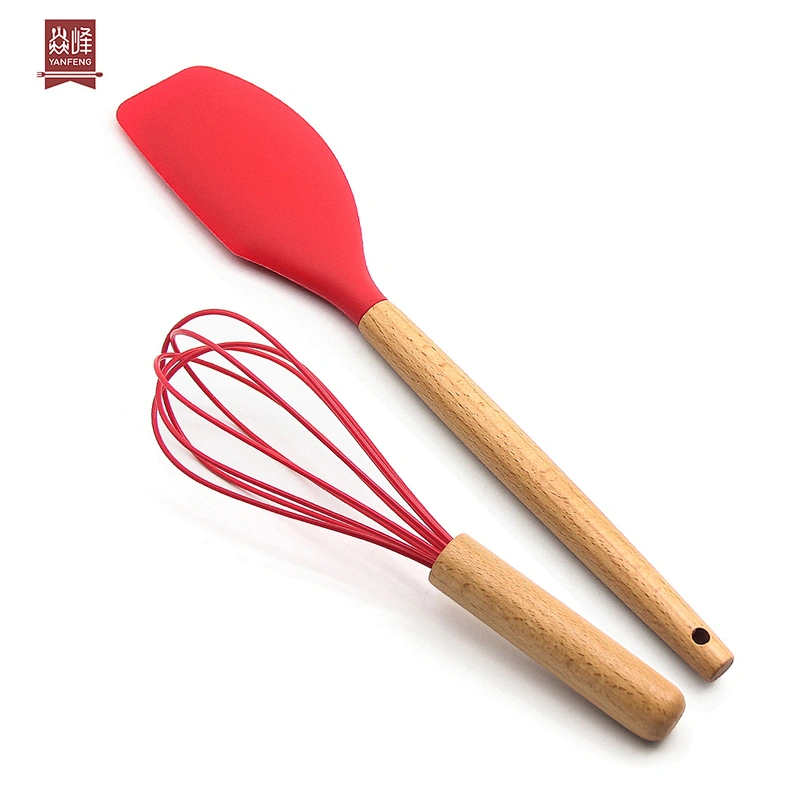OEM Color Food Grade Manual Wooden Handle Scraper and Whisk Two Pieces Spatula Whisk Set