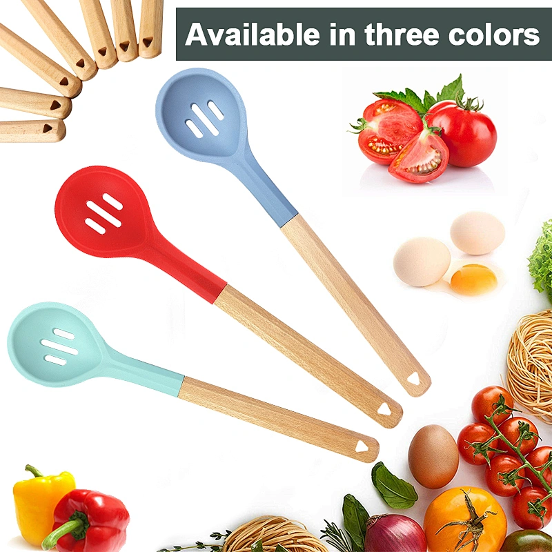 2022 Heat Resistant Non Stick Cooking Utensil Mixing spoon Silicone Wood Handle Kitchen Slotted Spoon