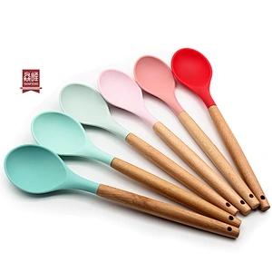 OEM color simple durable food grade Kitchen silicone serving spoon with beech handle