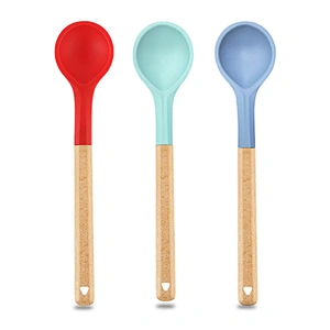 3 Color Food Grade Silicone wood handled Soup Spoon Kids Spoon Kitchen Silicone Spoon Flatware Utensils Accessories