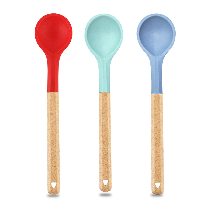 3 Color Food Grade Silicone wood handled Soup Spoon Kids Spoon Kitchen Silicone Spoon Flatware Utensils Accessories