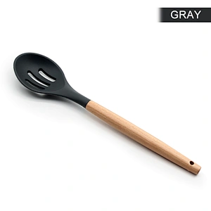 hot sale ultra heat resistant food grade silicone kitchen silicone slotted spoon with beech handle