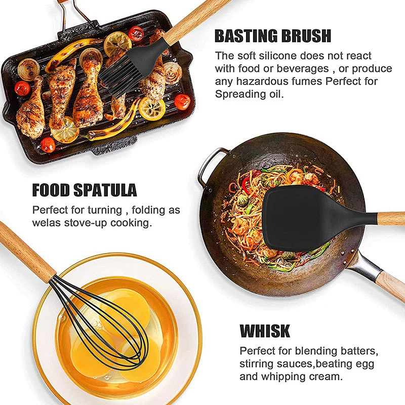 26PCS Silicone Kitchen Utensils Set Heat-Resistant Cookware sets Silicone Cooking Utensils Set with Wooden Handle
