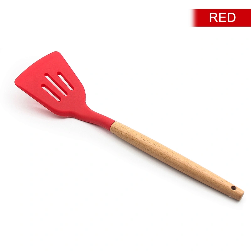 Ready To Ship high quality durable food grade Kitchen silicone slotted turner with beech handle