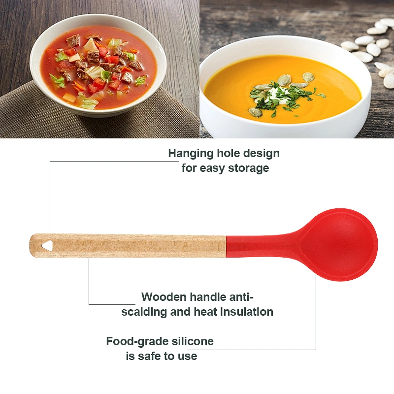3 Color Food Grade Silicone wood handled Soup Spoon Kids Spoon Kitchen Silicone Spoon Flatware Utensils Accessories