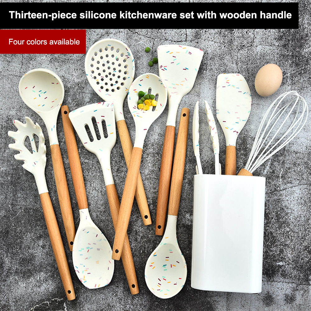 amazon top seller silicone kitchen utensils tool set cookware sets silicone cooking utensils with Wooden Handles