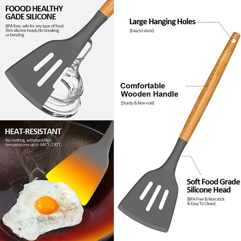 26 Pcs Kitchen Utensils Cooking Utensils Set Heat Resistant Kitchen Gadgets Silicone Cooking Utensil Set with Wooden Handle