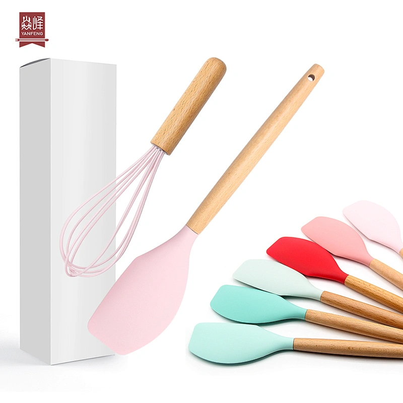 OEM Color Food Grade Manual Wooden Handle Scraper and Whisk Two Pieces Spatula Whisk Set