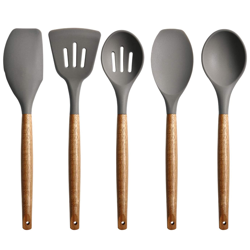 5 Pieces Silicone Cooking Utensils set Kitchen Gadgets Non Stick Silicone Kitchen Utensils Set with Wood Handle