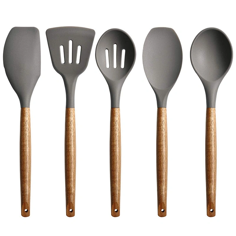 5 Pieces Silicone Cooking Utensils set Kitchen Gadgets Non Stick Silicone Kitchen Utensils Set with Wood Handle