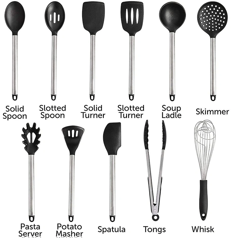 11 pcs kitchen cooking set silicone kitchen accessories gadget Silicone Kitchen Utensils Set with Stainless Steel Handles