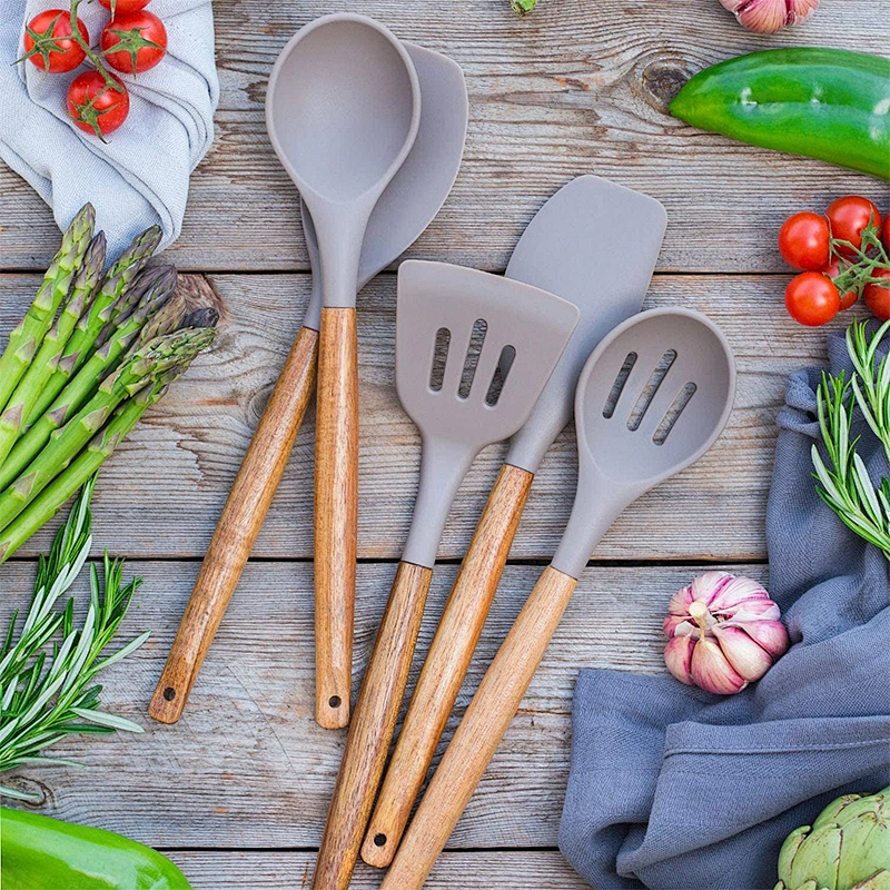 5 Pieces Silicone Cooking Utensils set Kitchen Gadgets Non Stick Silicone Kitchen Utensils Set with Wood Handle