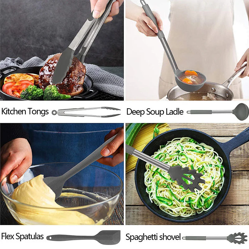 17 Pcs Kitchen Utensils Set Heat Resistant Silicone Cookware set Silicone Cooking Utensil Set with Stainless Steel Hander