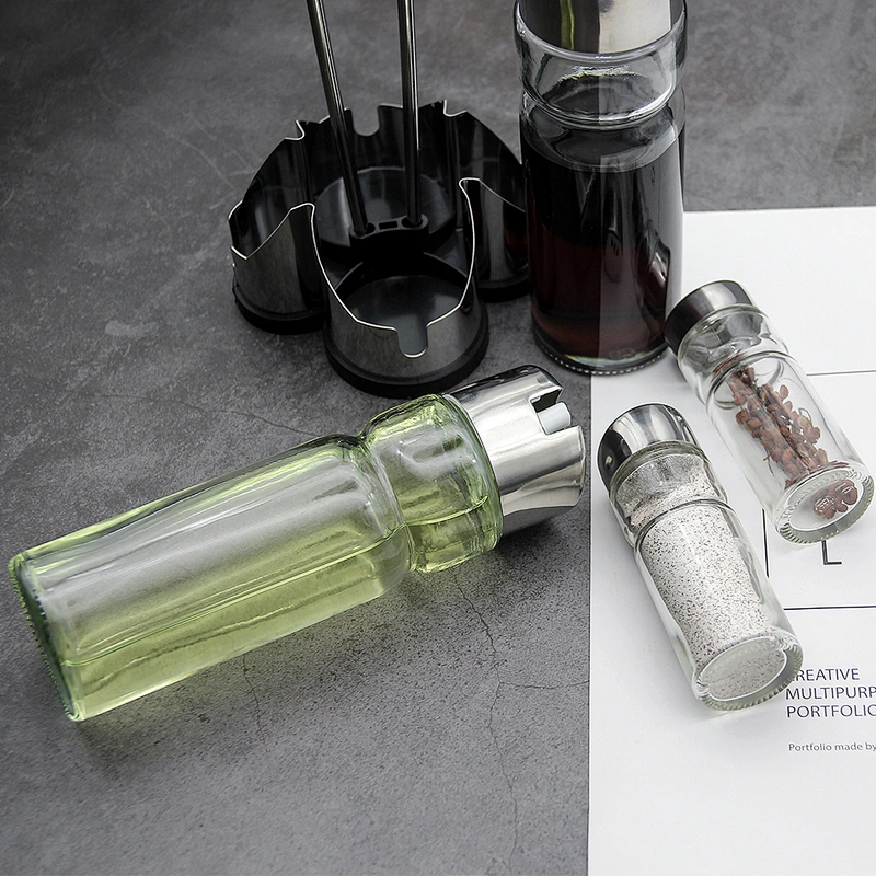BBQ Mini Salt and Pepper Grinder Set Adjustable 5in 1 Spice Mill Set with plastic Base glass bottle Cooking Gadget