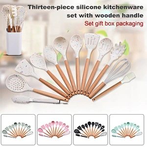 amazon top seller silicone kitchen utensils tool set cookware sets silicone cooking utensils with Wooden Handles