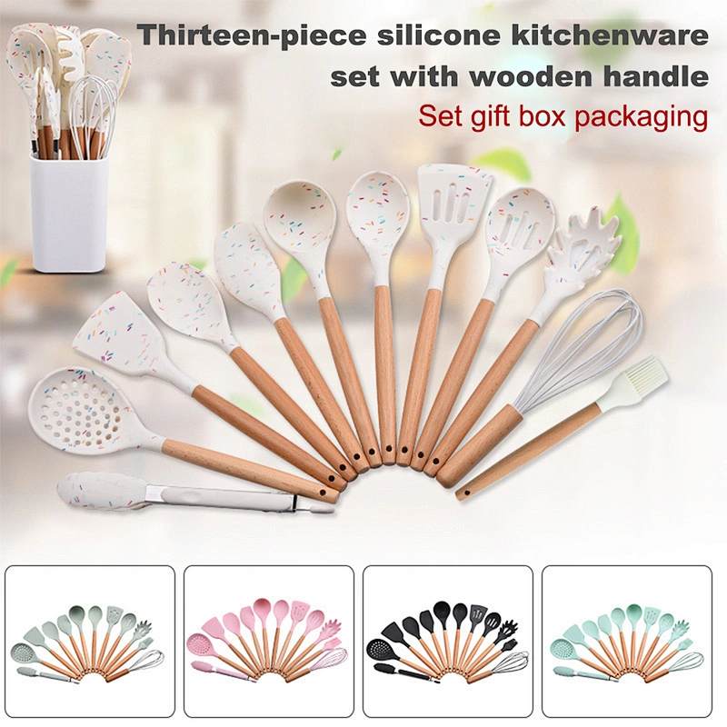 amazon top seller silicone kitchen utensils tool set cookware sets silicone cooking utensils with Wooden Handles