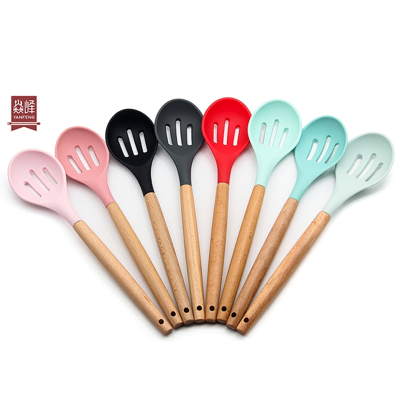 hot sale ultra heat resistant food grade silicone kitchen silicone slotted spoon with beech handle