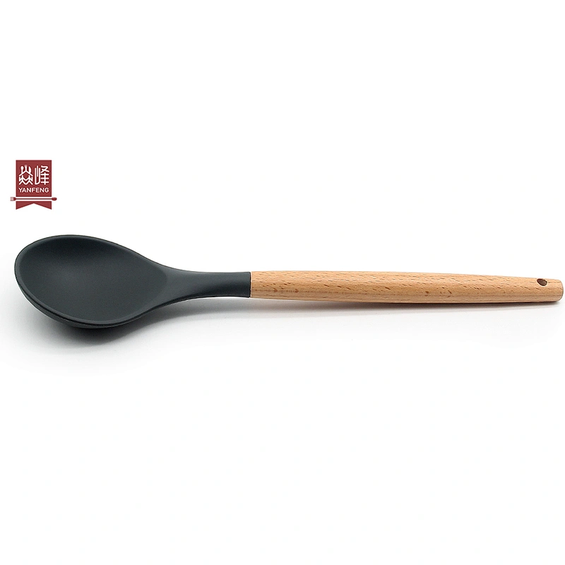 OEM color simple durable food grade Kitchen silicone serving spoon with beech handle