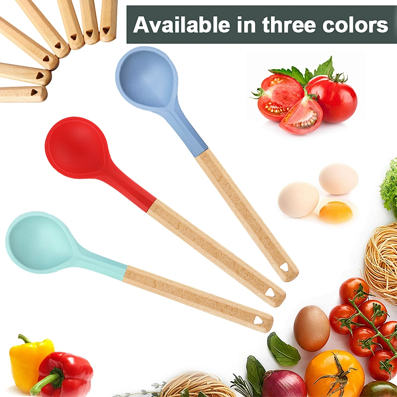 3 Color Food Grade Silicone wood handled Soup Spoon Kids Spoon Kitchen Silicone Spoon Flatware Utensils Accessories