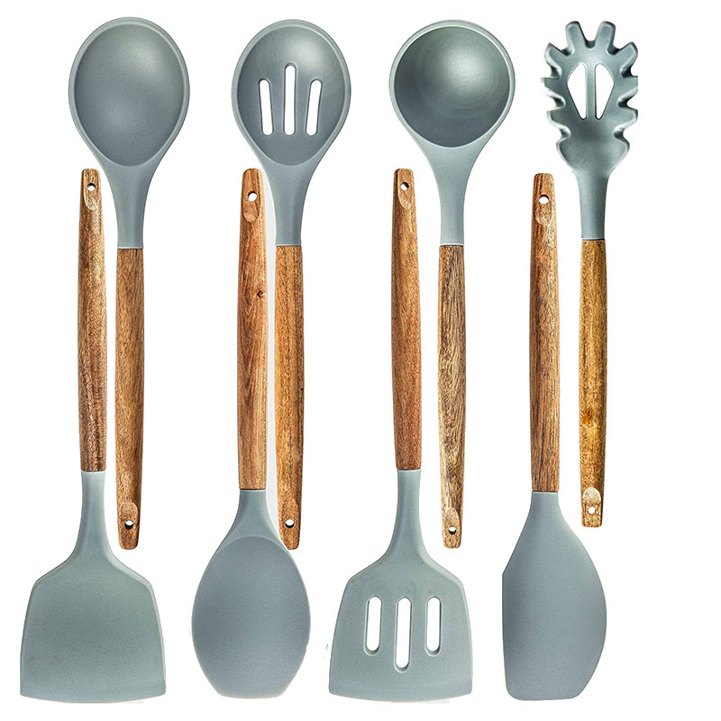 8 pcs Silicone Kitchen Utensil Set Silicone Kitchen Accessories Cooking Utensils Set With Natural Acacia Wooden