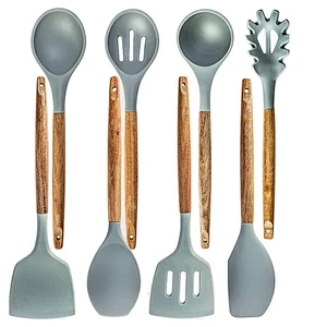 8 pcs Silicone Kitchen Utensil Set Silicone Kitchen Accessories Cooking Utensils Set With Natural Acacia Wooden