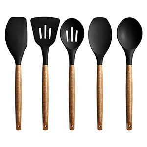 5 Pieces Silicone Cooking Utensils set Kitchen Gadgets Non Stick Silicone Kitchen Utensils Set with Wood Handle