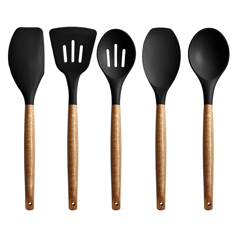 5 Pieces Silicone Cooking Utensils set Kitchen Gadgets Non Stick Silicone Kitchen Utensils Set with Wood Handle